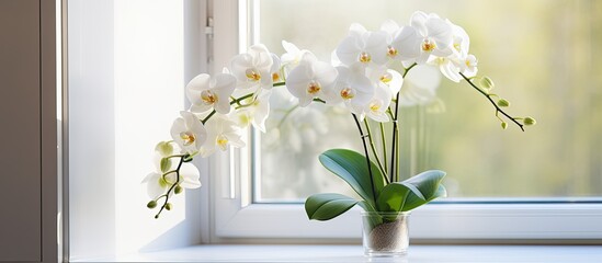 A white orchid plant is elegantly displayed in a vase on the windowsill of the house