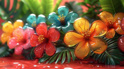  a group of colorful flowers sitting on top of a red counter top next to a leafy green leafy plant.