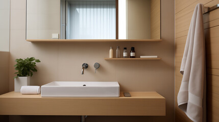 Fototapeta na wymiar Minimalist Bathroom Interior with Wood Accents and a Modern Rectangular Bathtub