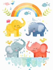 Obraz na płótnie Canvas Gentle Elephant Creating Rainbow with Water in Nursery Clipart Style Generative AI