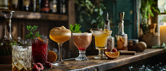 A rustic bar sets the stage for an array of artisanal cocktails, each with a unique twist