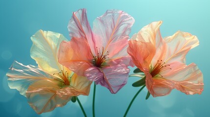  a close up of three flowers in a vase with water droplets on the petals and a blue sky in the background.