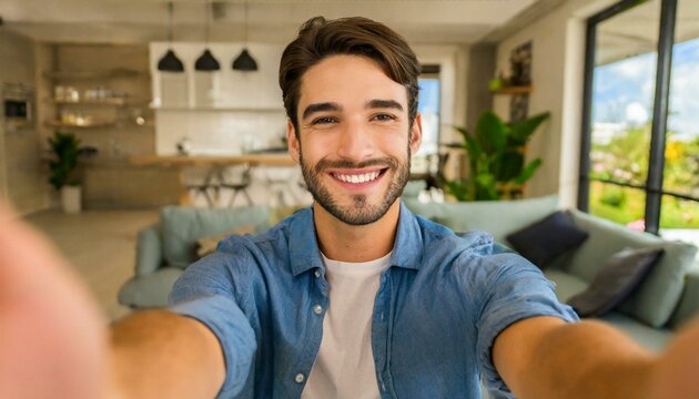  Selfie picture of a happy young handsome millennial man smiling at the camera in the living room in a modern home