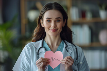 portrait of female doctor holding a paper heart. health care concept.AI generative.