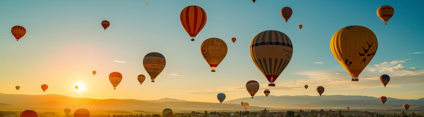 As the sun kisses the horizon, a fleet of hot air balloons embarks on a majestic sunrise voyage