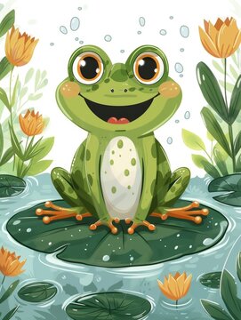 Happy Frog On Lily Pad With Water Splash - Cartoonish Clipart Style Generative AI