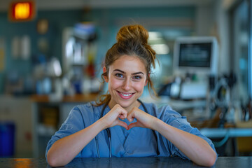 Frontal portrait of a caucasian nurse making the shape of a heart with her hands. AI generative