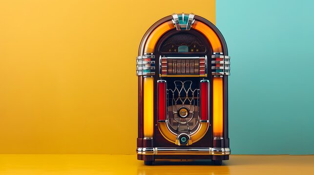 Fashioned retro jukebox in minimalist background. Vibrant color fashioned jukebox.