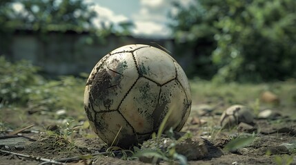 Abandoned old soccer ball on the field.