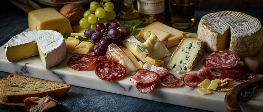 Assorted cheese and charcuterie selection elegantly arranged on a marble board for a gourmet spread