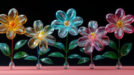  a group of three glass flowers sitting on top of a pink table next to a vase with a flower in it.