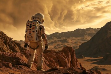Astronaut mars looking rocky ground. Planet desert landscape area exploration. Generate Ai