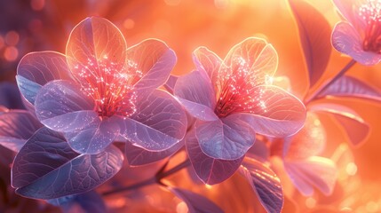  a close up of a bunch of flowers on a branch with sunlight shining through the leaves on the other side of the flower.