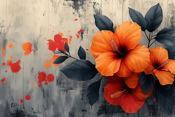 Watercolor painting: orange flowers on a gray background.