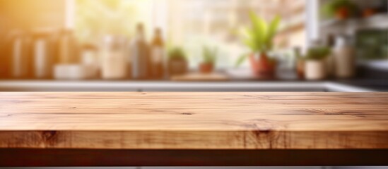 Fototapeta na wymiar A rectangular wooden table with varnished hardwood plank flooring in front of a kitchen, surrounded by green grass