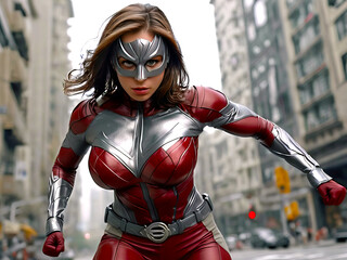 Woman Superhero with Brown Hair Wearing Red and Silver Suit in Action Pose on City Street