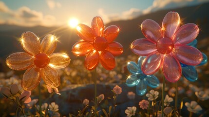  three plastic flowers in a field of flowers with the sun shining through the clouds over the mountains in the background.
