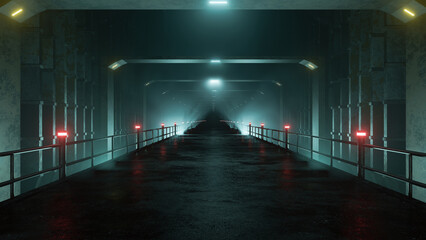 Three-Dimensional Illustration with a long foggy passage in cyber punk / sci-fi style  - 760060352