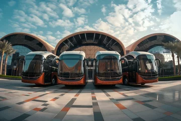 Dekokissen modern travel buses are neatly lined up in front of the luxurious terminal © Athena 