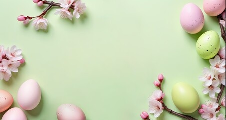 Naklejka na ściany i meble pastel pink easter eggs and spring flowers on lime green background banner with copy space center