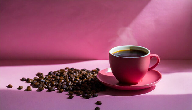 Xicara de caf&eacute; rosa em fundo rosa com gr&atilde;os de caf&eacute;