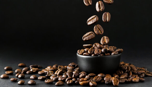 Gr&atilde;os de caf&eacute; caindo, fundo escuro minimalista