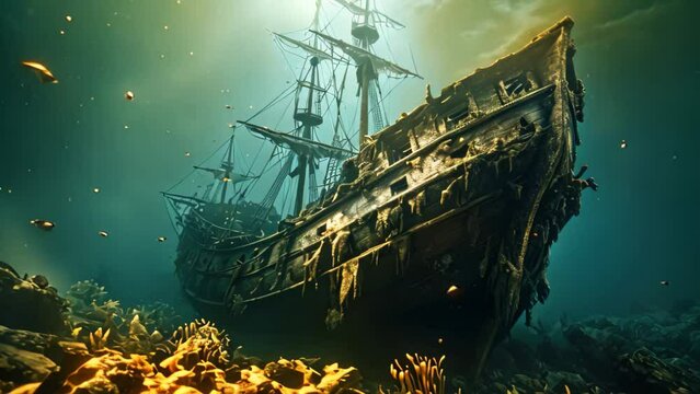 Old ship wreck in deep blue sea. Underwater landscape. 3d render, sunken tall ship, AI Generated