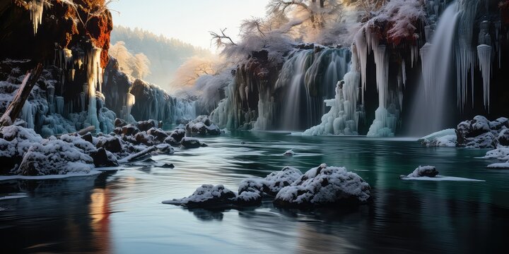 Frozen Cascades - Capturing the Icy Elegance of Nature's Waterfalls Capture the icy elegance of nature's waterfalls in frozen cascades. Each photograph encapsulates the frozen beauty, 