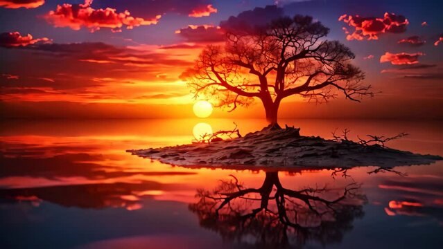 beautiful sunset with a tree in the water, 3d render, Sunset Bird Surreal Inspirational Nature Abstract, AI Generated