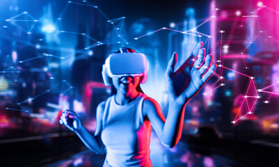 Blurry female standing in cyberpunk style building in meta wear VR headset connecting metaverse, future cyberspace community technology. Woman use hand touching virtual reality objects. Hallucination.