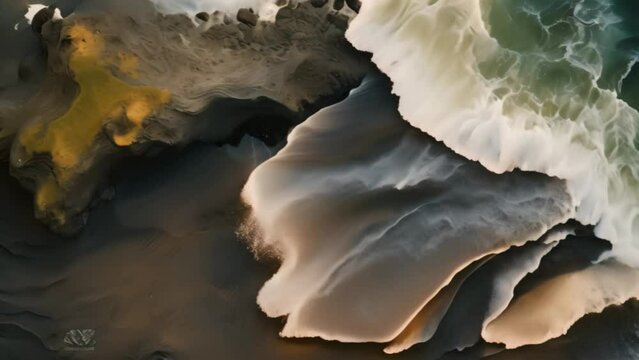 Aerial view of black volcanic sand with ocean waves in Iceland, The black sand beach in Iceland. Sea aerial view and top view, AI Generated