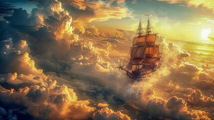 Fantastic pirate ship with sails soars in the sky above picturesque clouds in the rays of the setting sun. A fabulous ghost ship.