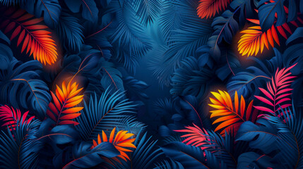 Fototapeta na wymiar Abstract composition depicting blue tropical leaves of monstera on dark blue background. Texture of golden leaves contrasts with background. Atmosphere of mystery, luxury, sophistication, charm.