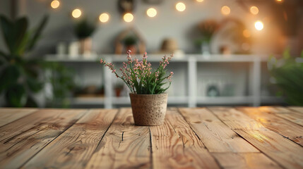 Greeting card mockup scene. plant small vase on wooden table , empty space on table , White Business Wood Table Take Away Coffee Cup