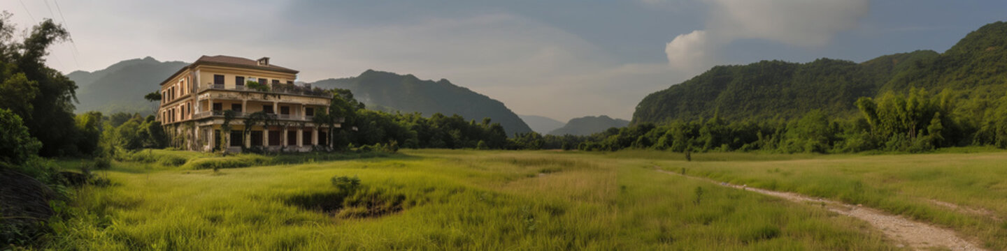 View of grass field and mountain on cloud in the sky background. abandoned house, mountains, trampled path