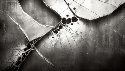 Illustration of black and white grunge texture with cracks and holes.
