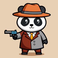 Vector Cute Panda Detective Holding Gun Cartoon