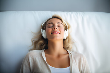 Young pretty blonde girl listening music with headphones