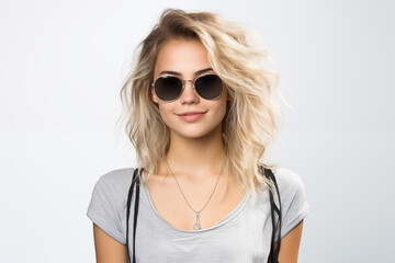 Naklejka premium Young pretty blonde girl over isolated white background with sunglasses