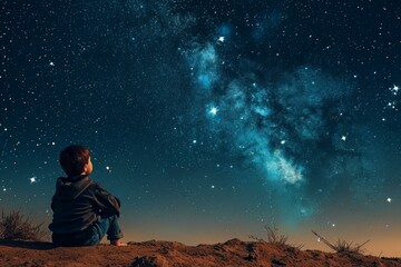 Astronomer starry child boy sky night. Star eclipse. Generate Ai