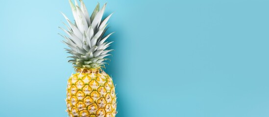 A pineapple, a terrestrial plant known as Ananas, is resting on a vibrant electric blue surface. This fruit is a natural food sourced from a flowering plant