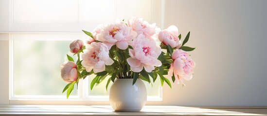 A flowerfilled vase rests on a window sill, enhancing the view with its pink blooms. The delicate petals brighten up the room like a piece of floral artwork