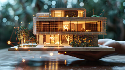 real estate house model in human hands , neutral color structure, with trees nature concept 