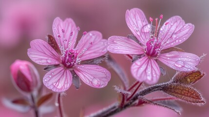  a close up of a pink flower with drops of water on it's petals and a blurry background.