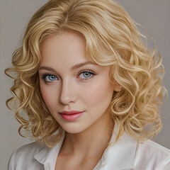 Fototapeta premium Portrait of a beautiful young woman with blond curly hair and blue eyes
