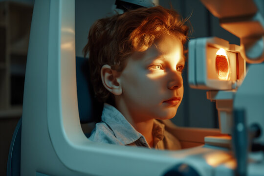 eye examination of a boy child. eye vision analysis. pediatric ophthalmologist. studying children's eye health using diagnostic equipment and apparatus