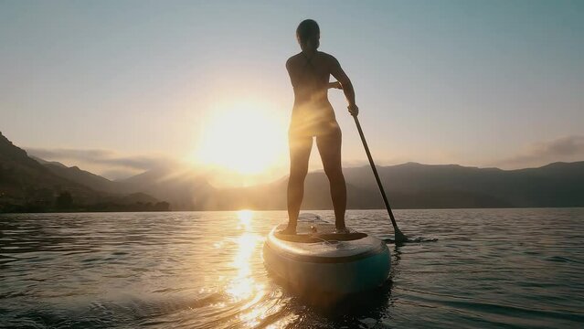 Woman silhouette on Water, Sup board, paddle boarding in slow motion