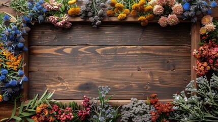  an overhead view of a bunch of flowers on a wooden background with a place for a text or a picture.