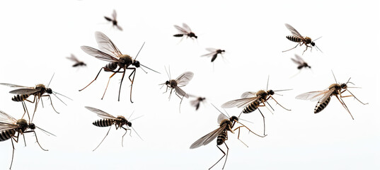 A swarm of mosquitoes isolated on white background - obrazy, fototapety, plakaty