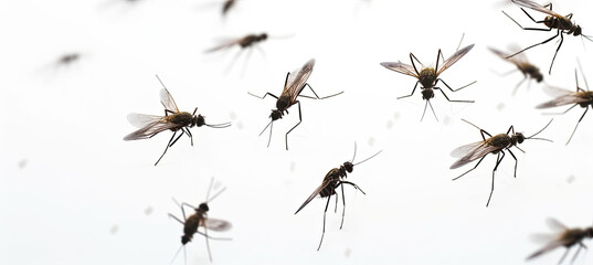 A swarm of mosquitoes isolated on white background - obrazy, fototapety, plakaty